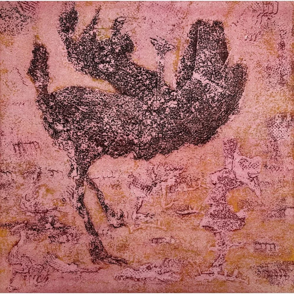Etching in dusty pink and gold: a falling ostrich above a small girl, both drawn in a dense dot matrix