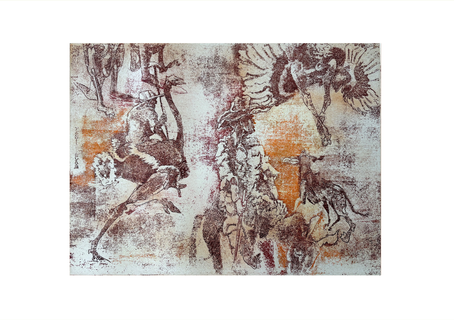 The Game. Onlooker — etching in cream, rust and orange: riders on ostriches mid-game, a spectator among them