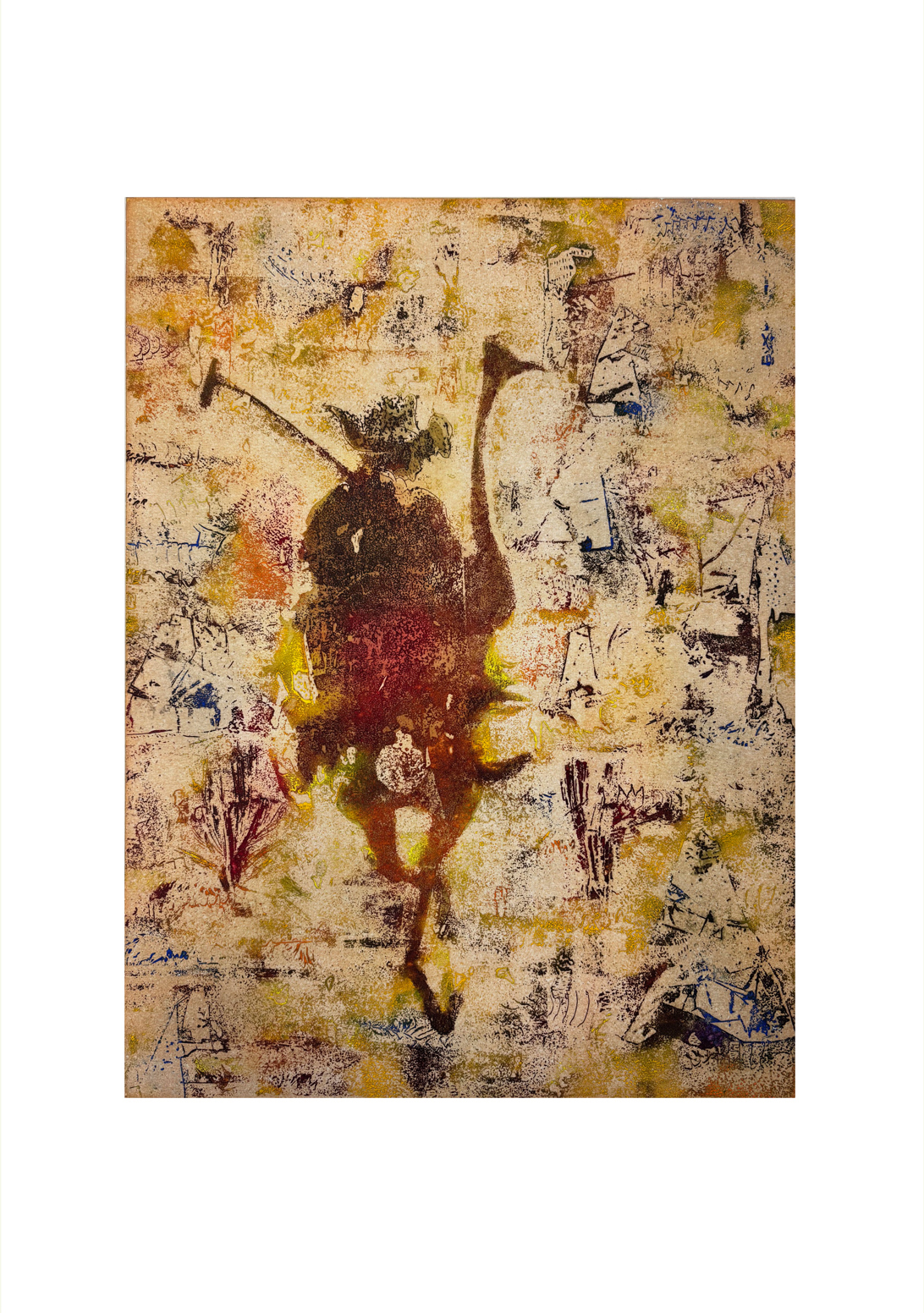 Walk about. Lost player — etching in ochre, gold and deep red: an ostrich and rider with mallets raised, emerging from a speckled ground